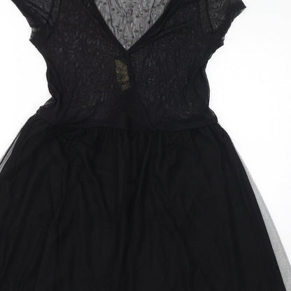Stradivarius Womens Black Polyester A-Line Size L Round Neck Pullover - Mesh, Metal Embellishments