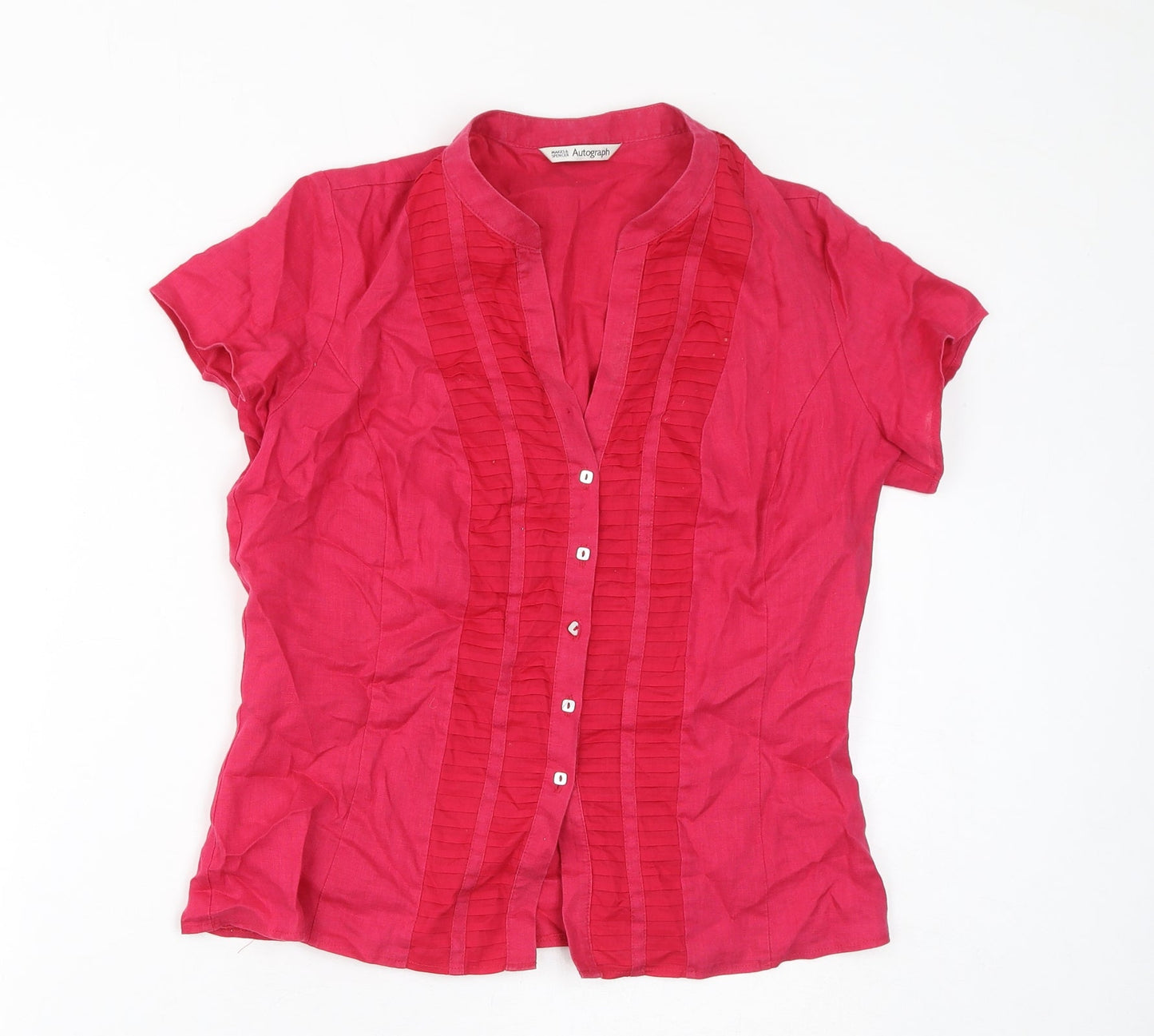 Autograph Womens Pink Linen Basic Button-Up Size 14 V-Neck