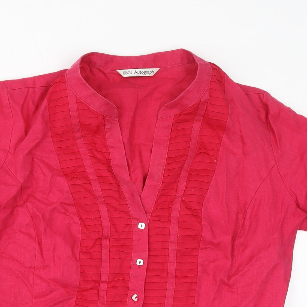 Autograph Womens Pink Linen Basic Button-Up Size 14 V-Neck
