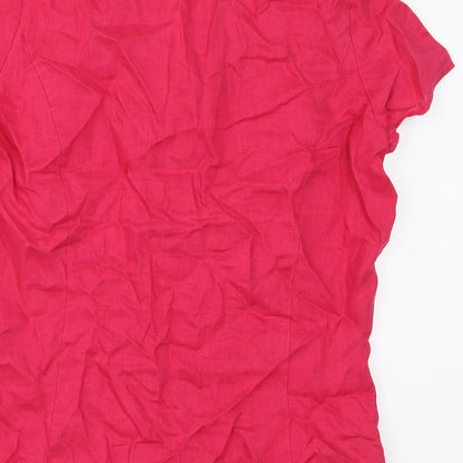 Autograph Womens Pink Linen Basic Button-Up Size 14 V-Neck