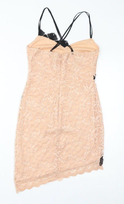 Topshop Womens Beige Polyester Bodycon Size 8 Round Neck Zip