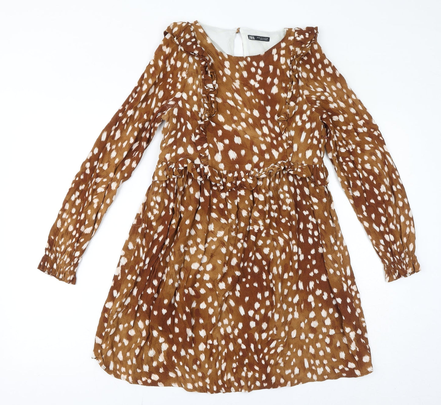 Zara Womens Brown Geometric Viscose A-Line Size M Round Neck Zip