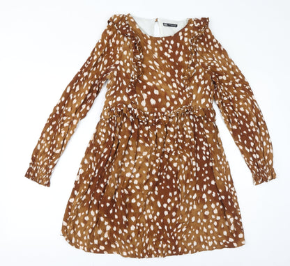 Zara Womens Brown Geometric Viscose A-Line Size M Round Neck Zip
