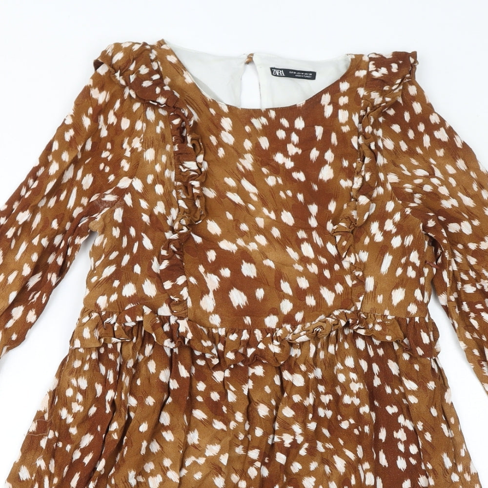 Zara Womens Brown Geometric Viscose A-Line Size M Round Neck Zip