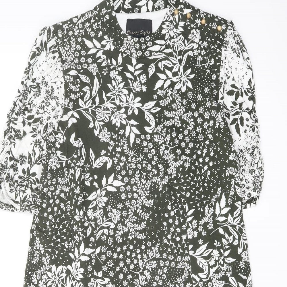 Phase Eight Womens Green Floral Viscose A-Line Size 10 Mock Neck Zip