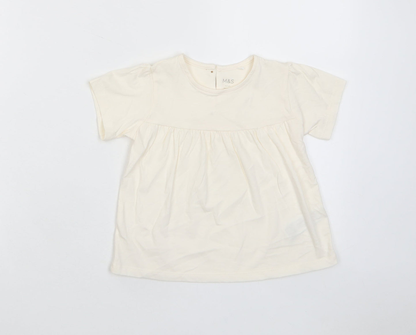 Marks and Spencer Girls Beige Cotton Basic T-Shirt Size 2-3 Years Crew Neck Button - Pleated