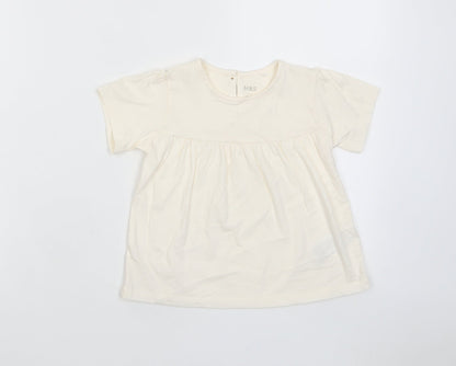 Marks and Spencer Girls Beige Cotton Basic T-Shirt Size 2-3 Years Crew Neck Button - Pleated