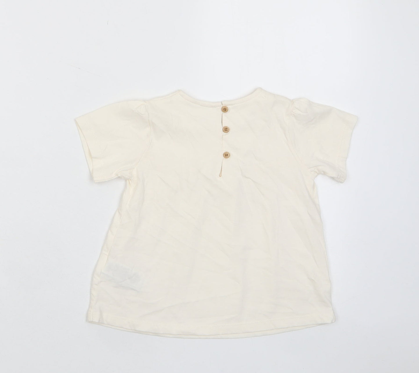 Marks and Spencer Girls Beige Cotton Basic T-Shirt Size 2-3 Years Crew Neck Button - Pleated