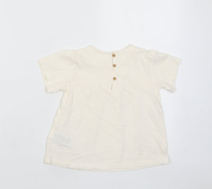 Marks and Spencer Girls Beige Cotton Basic T-Shirt Size 2-3 Years Crew Neck Button - Pleated