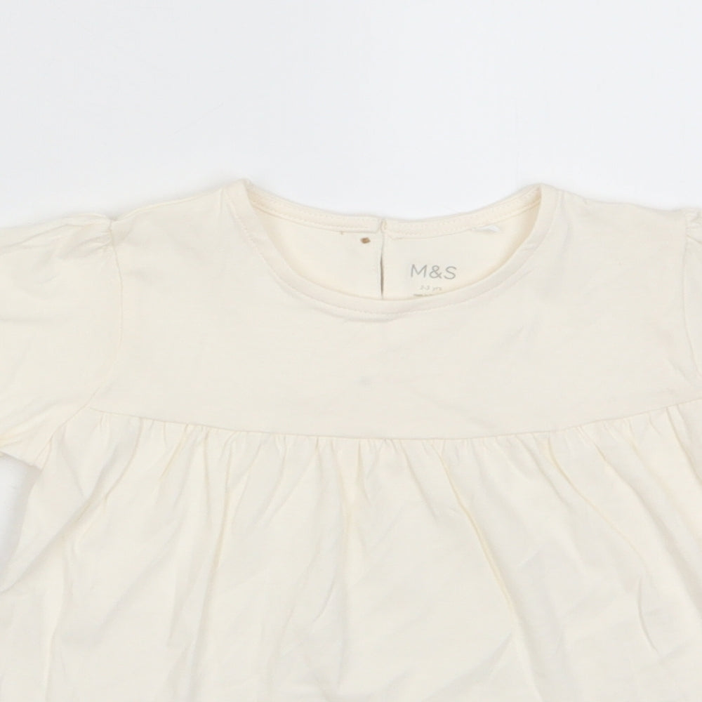 Marks and Spencer Girls Beige Cotton Basic T-Shirt Size 2-3 Years Crew Neck Button - Pleated