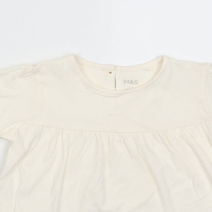 Marks and Spencer Girls Beige Cotton Basic T-Shirt Size 2-3 Years Crew Neck Button - Pleated