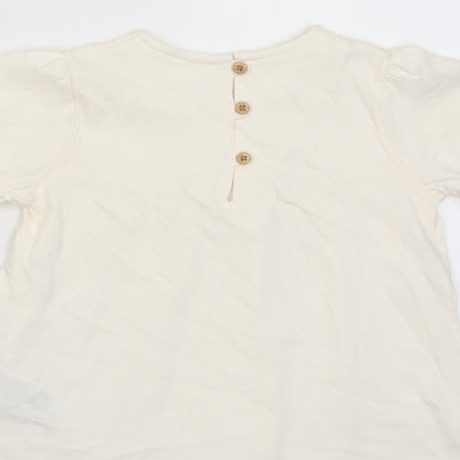 Marks and Spencer Girls Beige Cotton Basic T-Shirt Size 2-3 Years Crew Neck Button - Pleated
