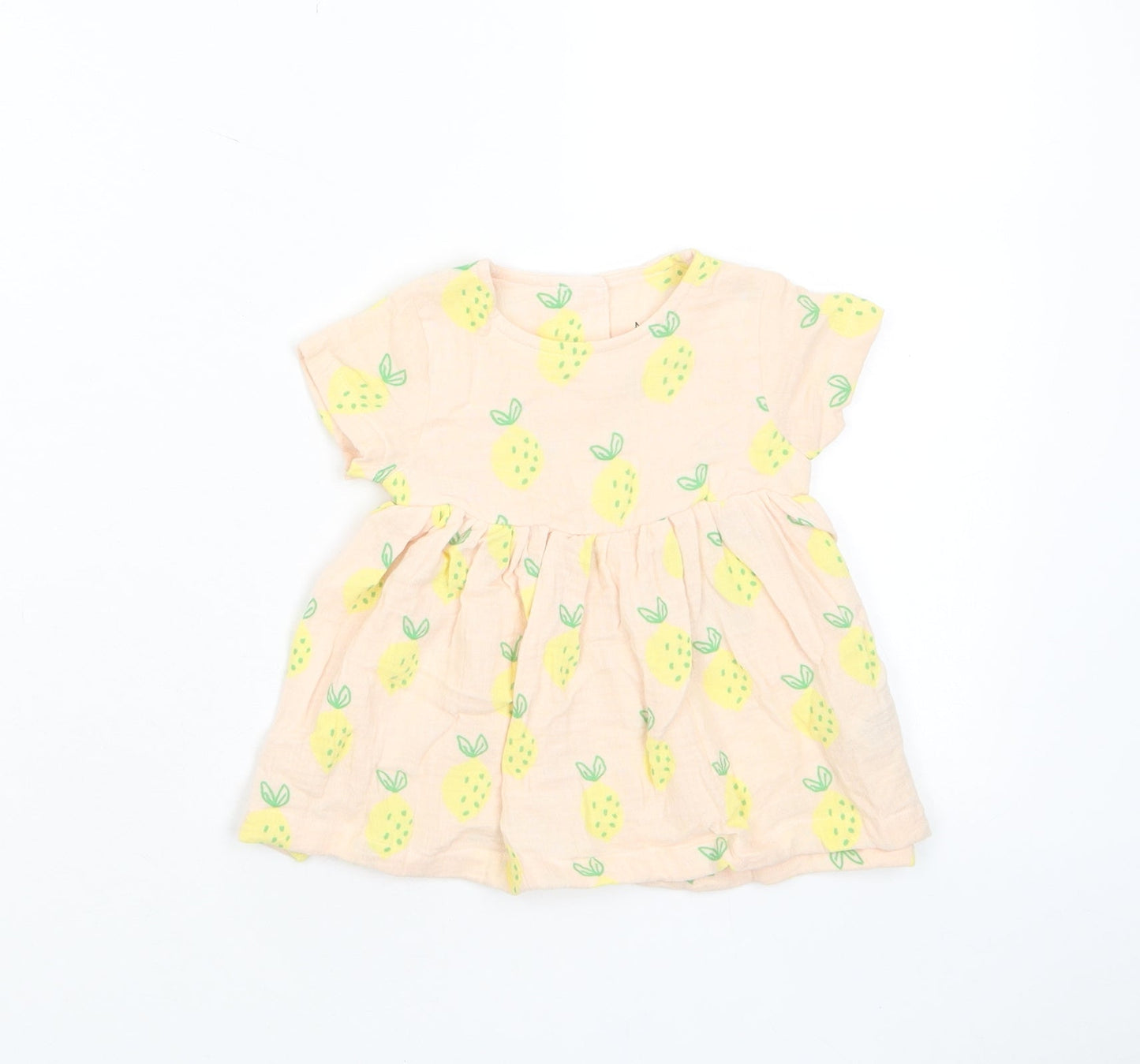 Marks and Spencer Girls Pink Geometric Cotton A-Line Size 0-3 Months Crew Neck Button - Lemon Print