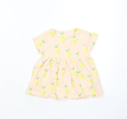 Marks and Spencer Girls Pink Geometric Cotton A-Line Size 0-3 Months Crew Neck Button - Lemon Print