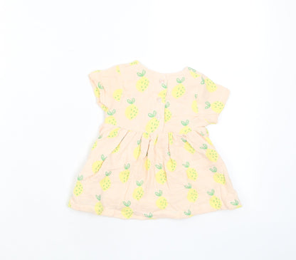 Marks and Spencer Girls Pink Geometric Cotton A-Line Size 0-3 Months Crew Neck Button - Lemon Print