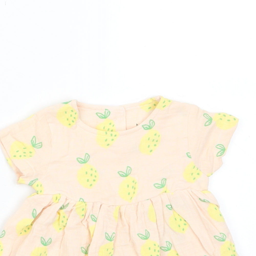 Marks and Spencer Girls Pink Geometric Cotton A-Line Size 0-3 Months Crew Neck Button - Lemon Print