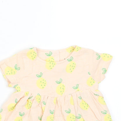 Marks and Spencer Girls Pink Geometric Cotton A-Line Size 0-3 Months Crew Neck Button - Lemon Print