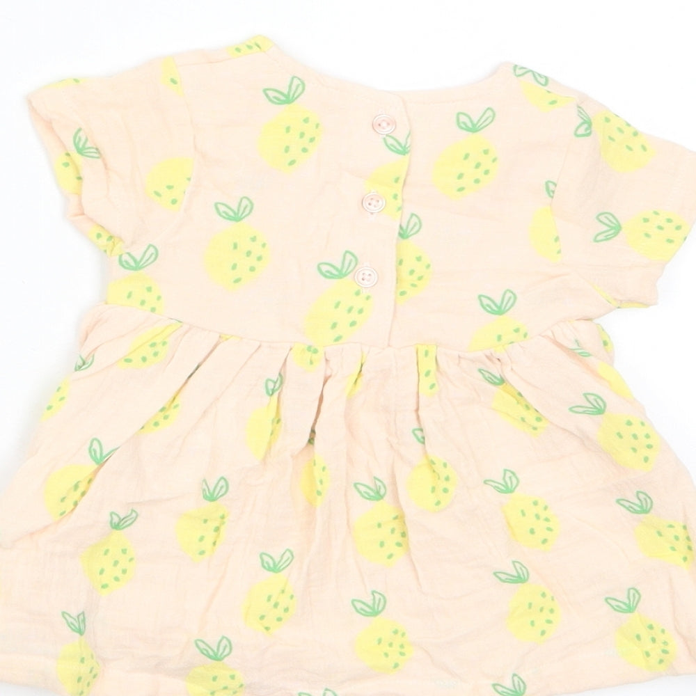 Marks and Spencer Girls Pink Geometric Cotton A-Line Size 0-3 Months Crew Neck Button - Lemon Print