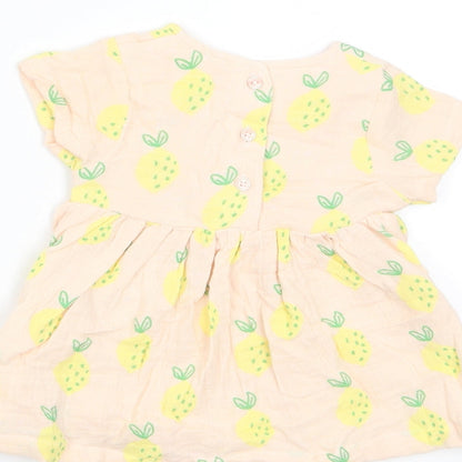 Marks and Spencer Girls Pink Geometric Cotton A-Line Size 0-3 Months Crew Neck Button - Lemon Print