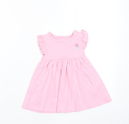 Marks and Spencer Girls Pink Cotton A-Line Size 3-6 Months Crew Neck Snap - Happy