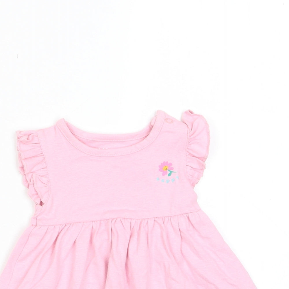 Marks and Spencer Girls Pink Cotton A-Line Size 3-6 Months Crew Neck Snap - Happy