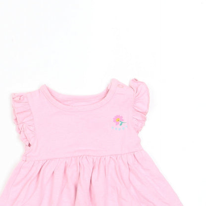 Marks and Spencer Girls Pink Cotton A-Line Size 3-6 Months Crew Neck Snap - Happy