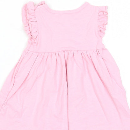 Marks and Spencer Girls Pink Cotton A-Line Size 3-6 Months Crew Neck Snap - Happy