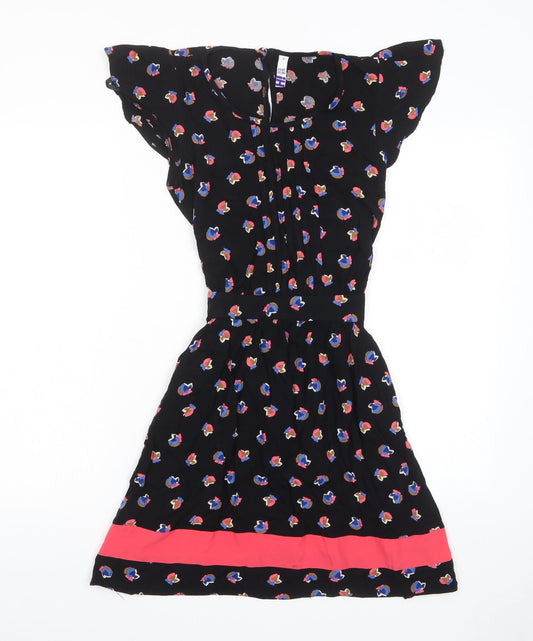 Henry Holland Womens Black Geometric Viscose A-Line Size 10 Crew Neck Button - Tie Back