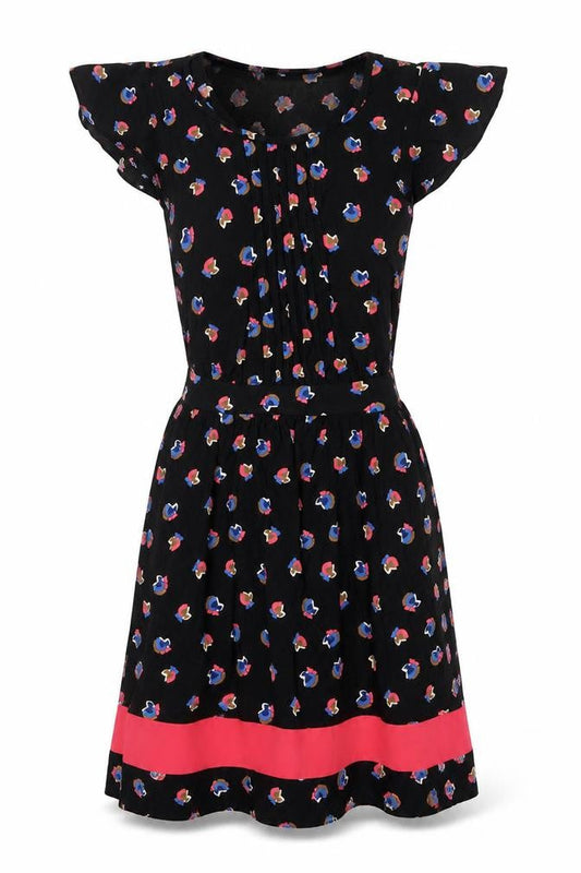 Front view of Henry Holland women’s black geometric viscose a-line, size UK 10, crew neck button - tie back