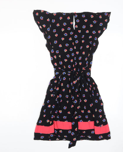 Henry Holland Womens Black Geometric Viscose A-Line Size 10 Crew Neck Button - Tie Back