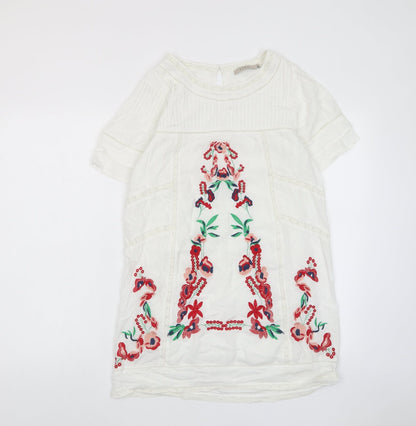 ANANY Womens White Floral Polyester A-Line Size S Crew Neck Button - Embroided