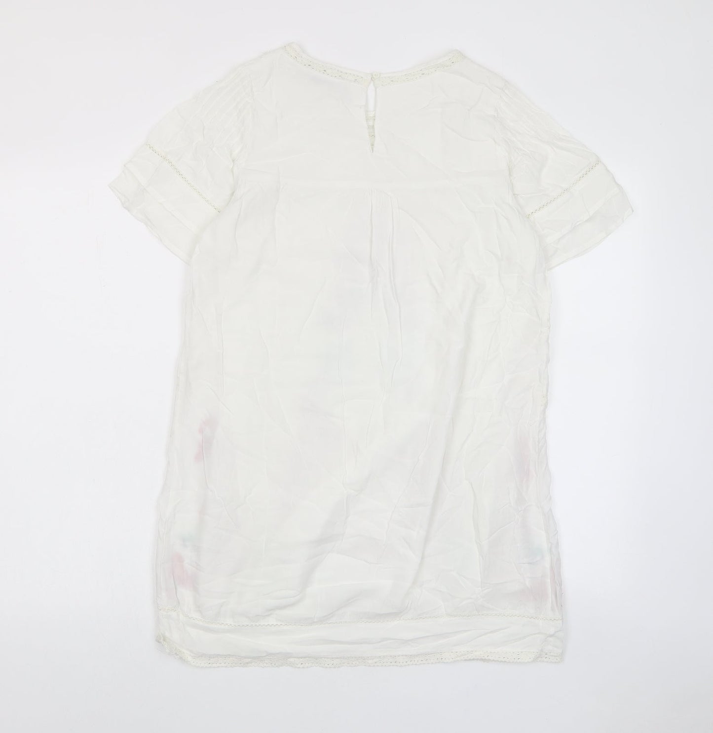 ANANY Womens White Floral Polyester A-Line Size S Crew Neck Button - Embroided