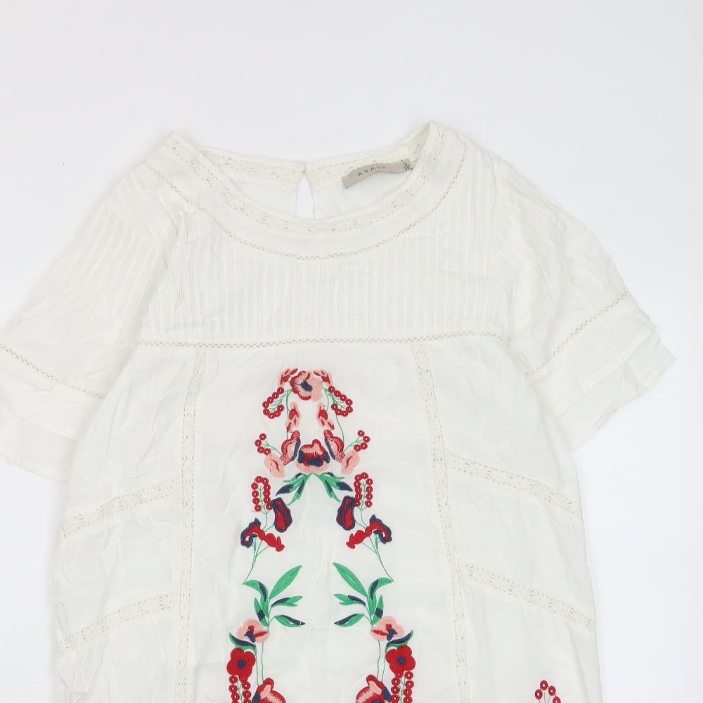 ANANY Womens White Floral Polyester A-Line Size S Crew Neck Button - Embroided