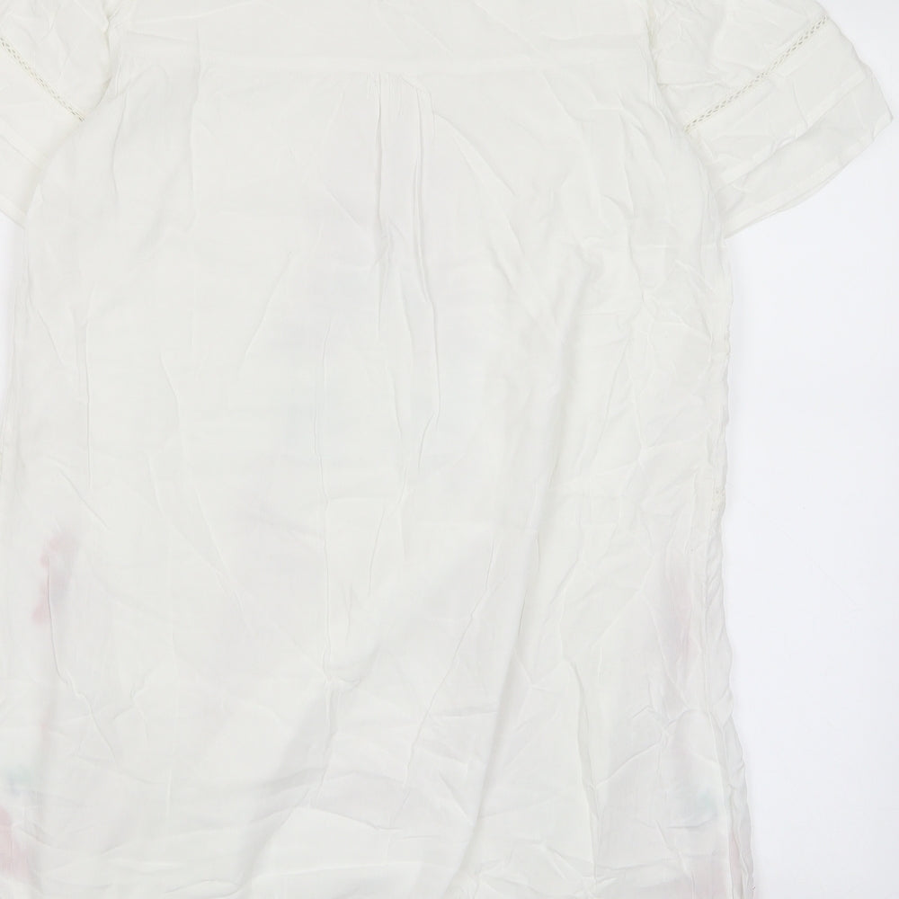 ANANY Womens White Floral Polyester A-Line Size S Crew Neck Button - Embroided