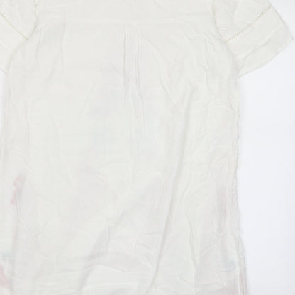 ANANY Womens White Floral Polyester A-Line Size S Crew Neck Button - Embroided