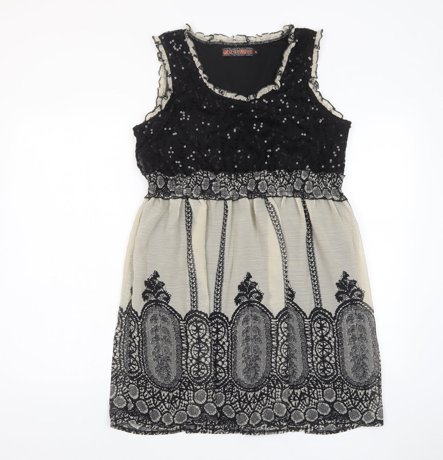 QED London Womens Black Fair Isle Polyester A-Line Size 14 Crew Neck Pullover - Frill, Sequins