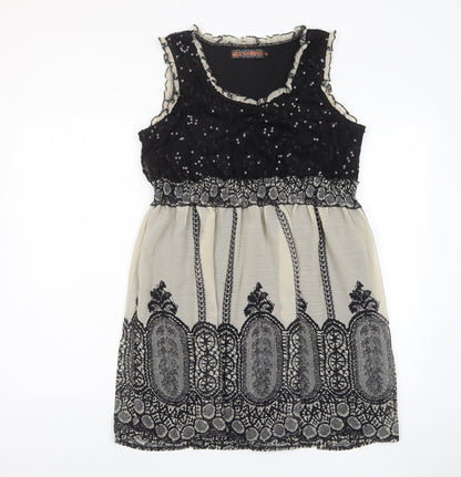 QED London Womens Black Fair Isle Polyester A-Line Size 14 Crew Neck Pullover - Frill, Sequins