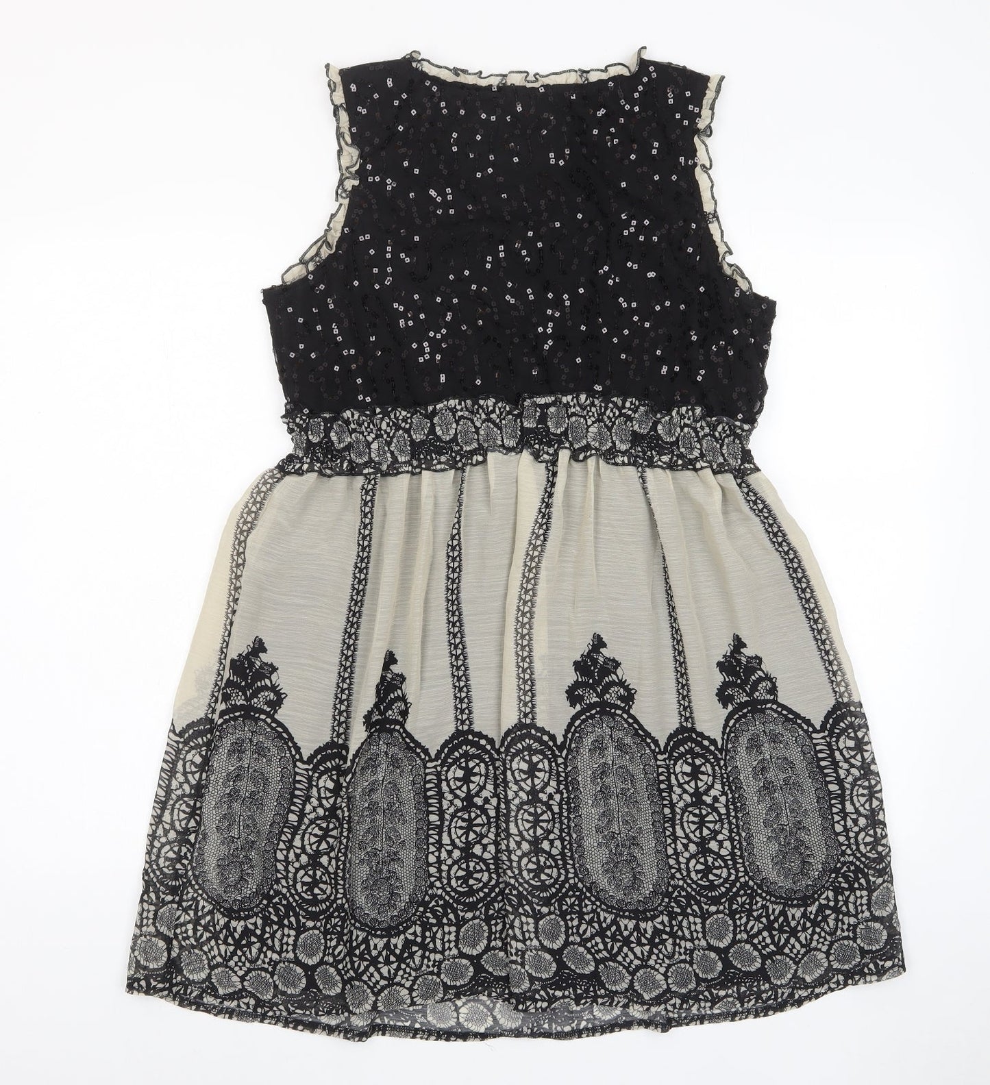 QED London Womens Black Fair Isle Polyester A-Line Size 14 Crew Neck Pullover - Frill, Sequins