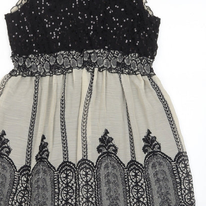 QED London Womens Black Fair Isle Polyester A-Line Size 14 Crew Neck Pullover - Frill, Sequins