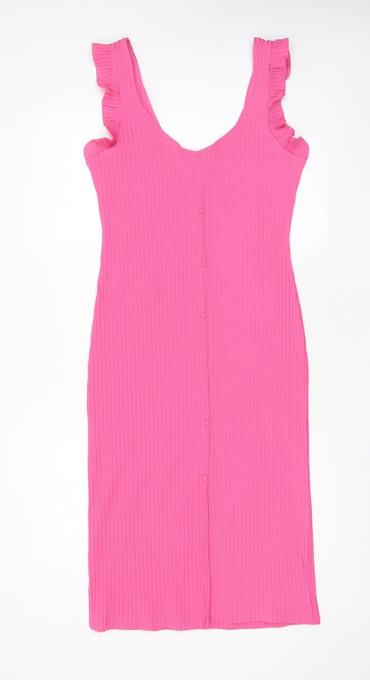 Zara Womens Pink Polyester A-Line Size L Scoop Neck Pullover - Frill, Buttons