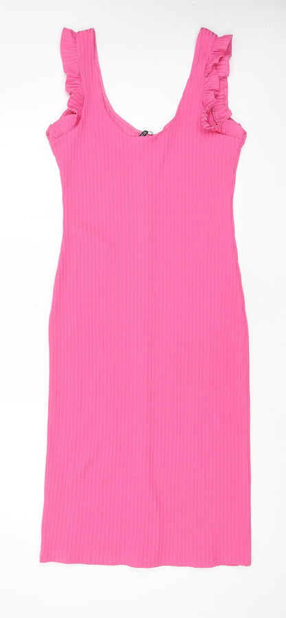 Zara Womens Pink Polyester A-Line Size L Scoop Neck Pullover - Frill, Buttons