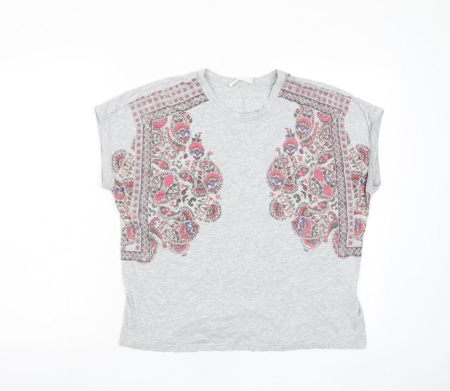 Indigo Womens Grey Floral Viscose Basic T-Shirt Size 12 Crew Neck