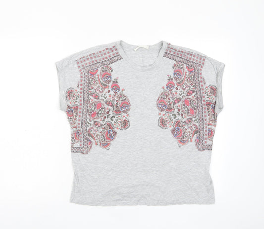 Indigo Womens Grey Floral Viscose Basic T-Shirt Size 12 Crew Neck