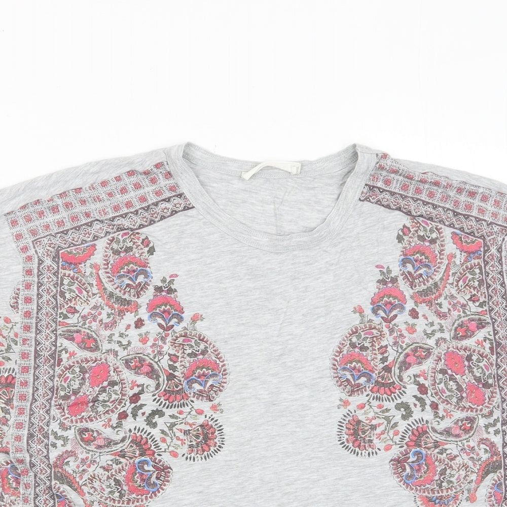 Indigo Womens Grey Floral Viscose Basic T-Shirt Size 12 Crew Neck
