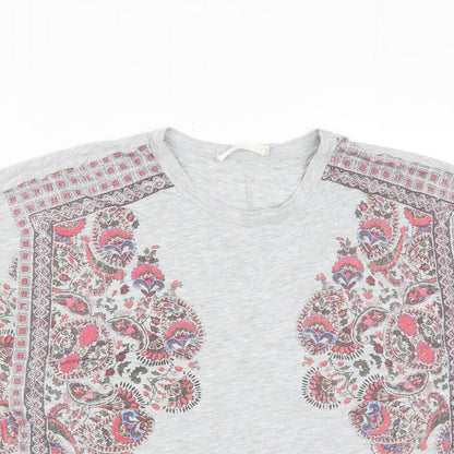 Indigo Womens Grey Floral Viscose Basic T-Shirt Size 12 Crew Neck