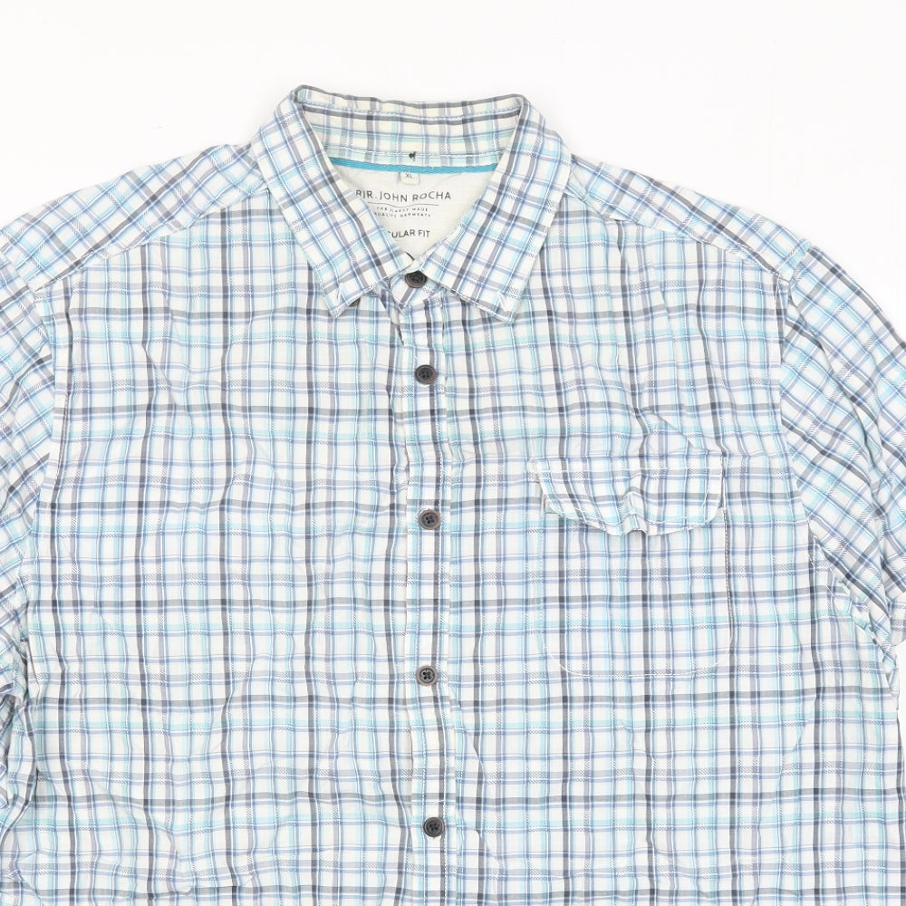 RJR.John Rocha Mens Blue Plaid Cotton Button-Up Size XL Collared Button - Pocket