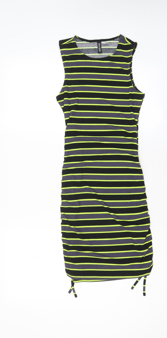 H&M Womens Multicoloured Striped Polyester Bodycon Size XS Crew Neck Pullover - Ruched Sides