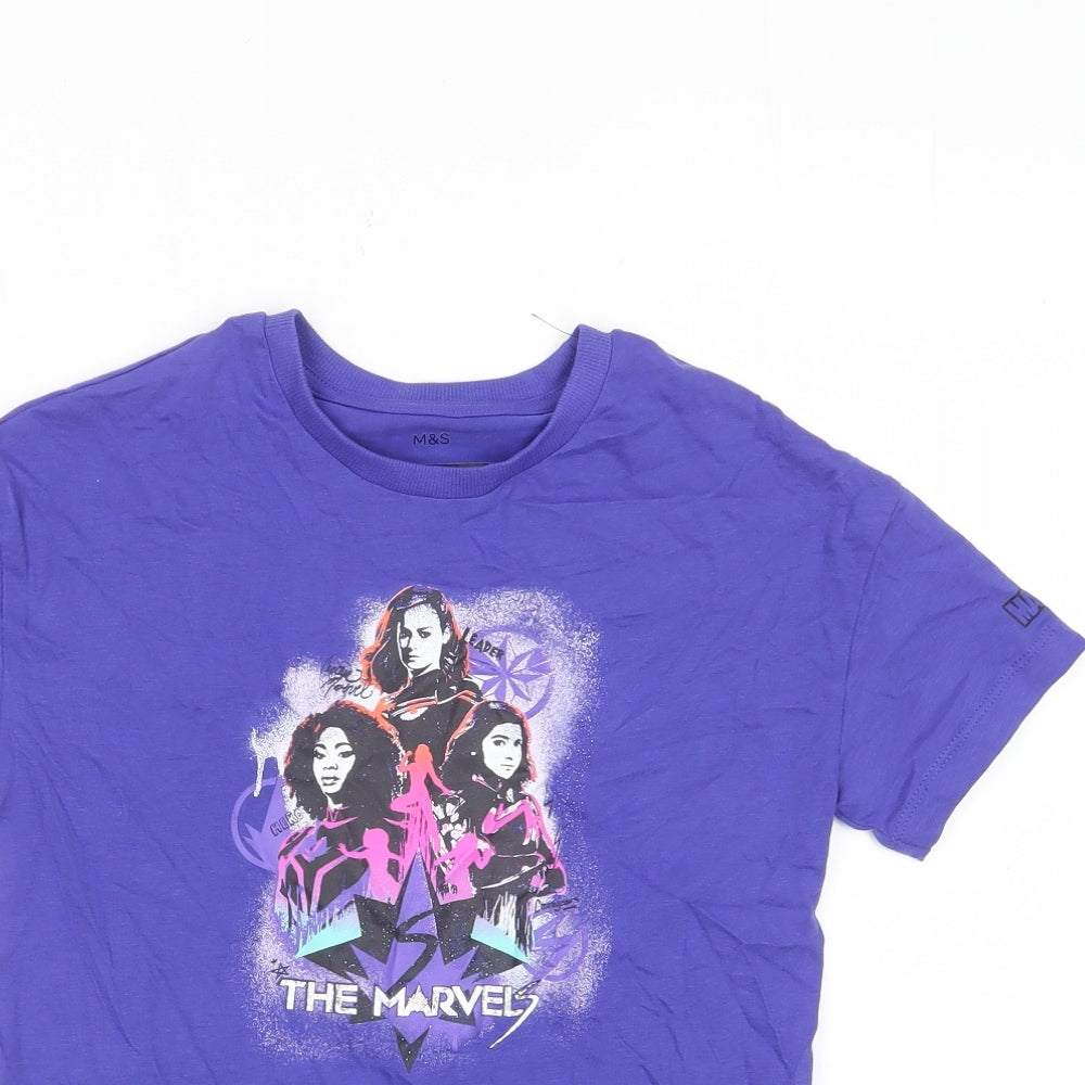 Marks and Spencer Girls Purple Cotton Basic T-Shirt Size 7-8 Years Crew Neck Pullover - Marvel