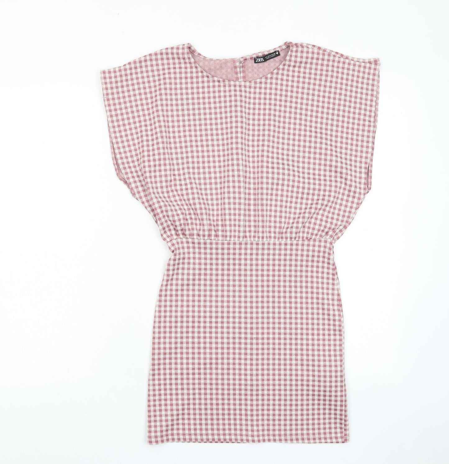 Zara Womens Pink Plaid Cotton A-Line Size S Crew Neck Button