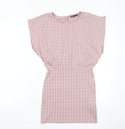 Zara Womens Pink Plaid Cotton A-Line Size S Crew Neck Button